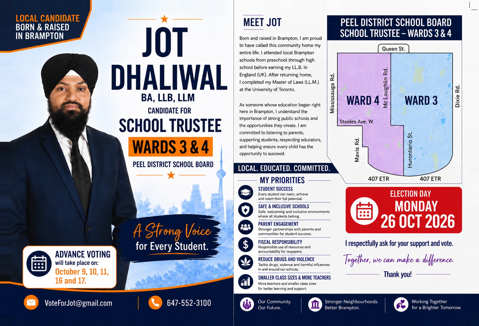 Jot Dhaliwal campaign information card with candidate background, campaign priorities and 2026 election information