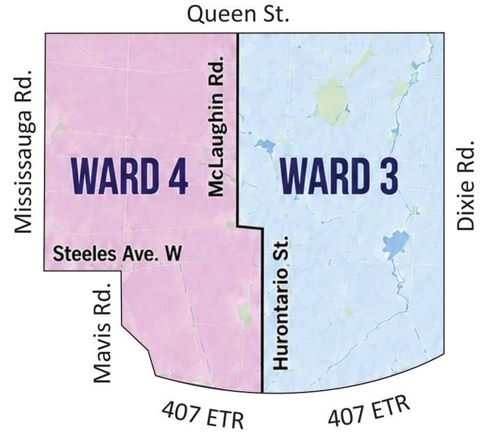 Campaign-supplied map showing Brampton Wards 3 and 4 with Queen Street, Mississauga Road, Dixie Road and Highway 407 labelled